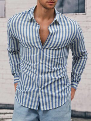 Manfinity Modomio Loose Fit Men's Vertical Striped Woven Casual Long Sleeve Shirt