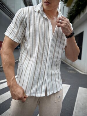 Manfinity Modomio Men's Summer Casual Striped Print Short Sleeve Shirt
