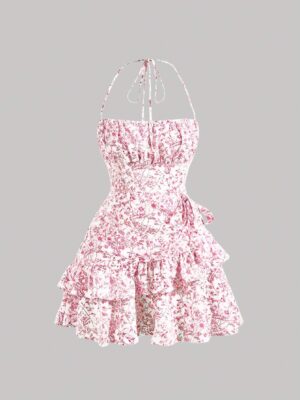 MOD Floral Print Ruffle Trim Tie Backless Ruched Bust Layered Halter Summer Short Dress