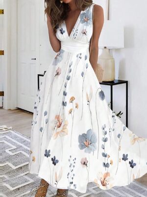 LUNE Women's Floral Print V-Neck Sleeveless Summer Dress