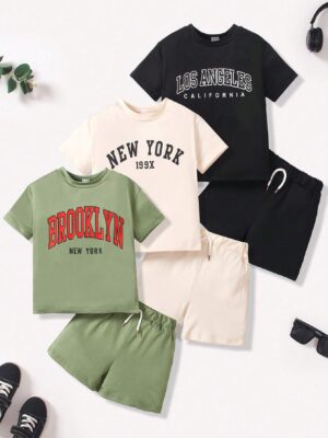 Young Boy's Daily Basic Minimalist Round Neck T-Shirt And Shorts With Letter Print, Multiple Sets Suitable For Spring And Summer