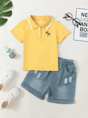 Young Boy Coconut Tree Embroidered Polo Shirt With Collar And Distressed Shorts Set
