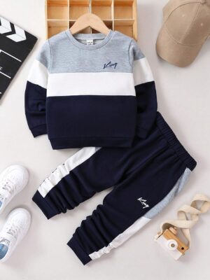 Young Boy Letter Graphic Colorblock Sweatshirt & Sweatpants