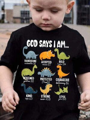 Young Boy Casual Cartoon Dinosaur Shaped Letter Slogan Print Round Neck Short Sleeve T-Shirt