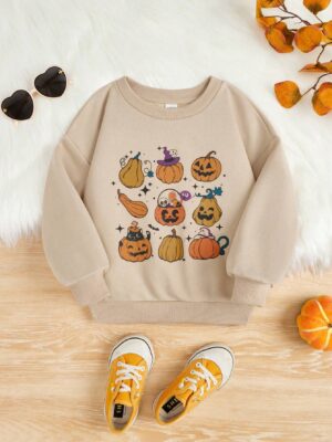 Young Girl Halloween Pumpkin Print Drop Shoulder Sweatshirt