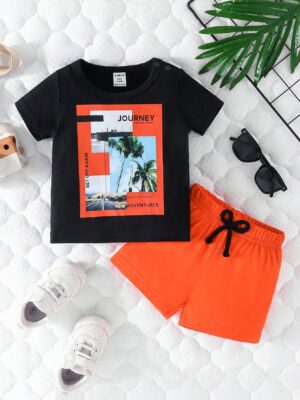 Baby Boy Coconut Tree & Letter Graphic Tee & Bow Front Shorts