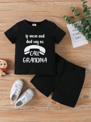 Baby Boys' Slogan Printed Casual Short Sleeve T-Shirt And Shorts Set For Spring And Summer