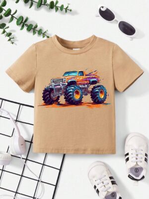 Baby Boy Casual Off-Road Car Printed Short Sleeve Round Neck Top Suitable For Summer