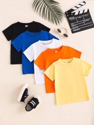 Baby Boy 5pcs/Set Solid Color Knitted Crew Neck Short Sleeve T-Shirts, Summer