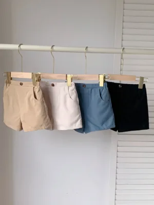 Baby Boy Japanese And Korean Style College Casual Wear, Four Sets Loose And Comfortable Monochrome Button Pocket Design Shorts, Suitable For Holidays, Parties, School, And...