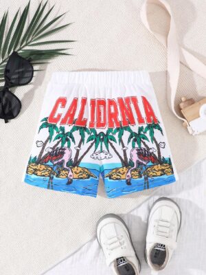 Baby Boy's Vacation Style Letter & Palm Tree Printed Casual Shorts