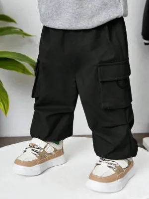 Solid Color Thin Elastic Cuff Pants For Baby Boys With Flip Pocket, Workwear Style