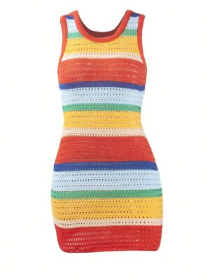 Colorblock Pointelle Knit Sweater Dress