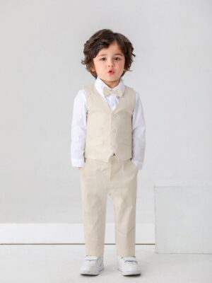 3pcs Baby Boys' Formal Suit White Shirt With Bow Tie, Vest And Pants, Suitable For Birthday Party, Evening Party, Wedding And 1st Year Birthday Celebrations