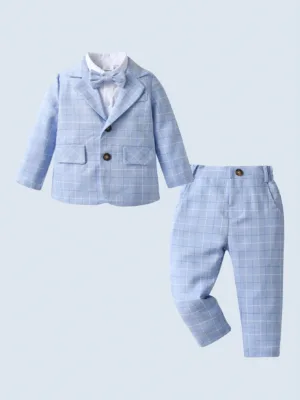 Baby Boy Gentleman Style 3pcs Set Including Long Sleeve Blazer With Bow Tie Shirt And Pants, Suitable For Birthday Party, Evening And Wedding