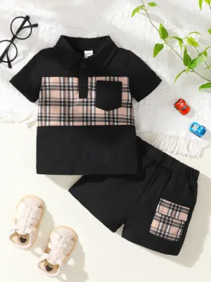 Baby Boy Plaid Polo Shirt And Flap Pocket Patched Shorts