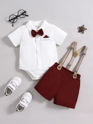2pcs/Set Baby Boys Leisure Academy Elegant Butterfly Collar Short Sleeve Romper With Suspender Shorts Gentlemen Clothes Suitable For Spring And Summer Outings