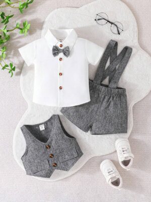Baby Boy Summer Gentlemen Outfits 3pcs/Set Including Short Sleeve Shirt, Vest, Suspenders Shorts