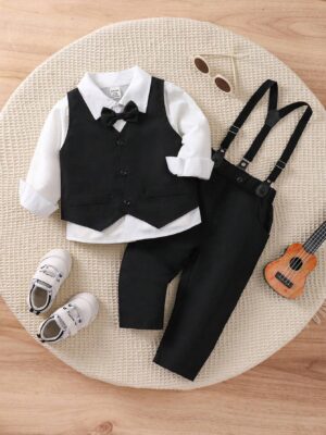 Classic College-Style Gentleman Suit For Baby Boy, Includes Casual Long-Sleeve Shirt, Slim Waistcoat, And Matching Suspender Pants