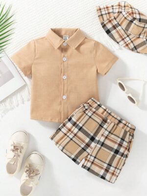 Back To School Season In Germany, 2pcs Baby Boys' Short Sleeve Shirt And Plaid Print Shorts With Fisherman Hat Set For Summer