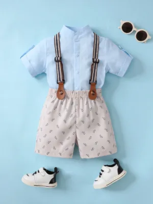Baby Boy Gentleman Style Solid Color Stand Collar Short Sleeve Shirt And Overall Shorts Set, Summer