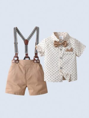 Young Boys' Gentlemen 2pcs Polka Dot Printed Short Sleeve Shirt With Bowtie And Khaki Overall Shorts, Stylish And Handsome, Suitable For Birthday Party, Wedding, Banquet And Show