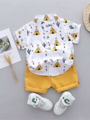 Infant Summer Cartoon Printed Randomly Full-Collar Short Sleeve Shirt And Shorts Set