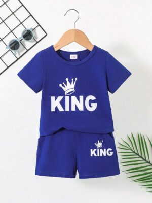 Baby Boy 2pcs/Set Casual Fashionable King Letter Print T-Shirt And Pocket Design Shorts