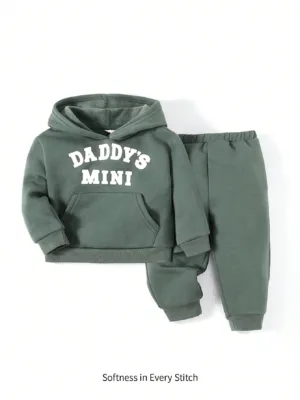 Cozy Cub Baby Boy Letter Graphic Kangaroo Pocket Hoodie & Sweatpants