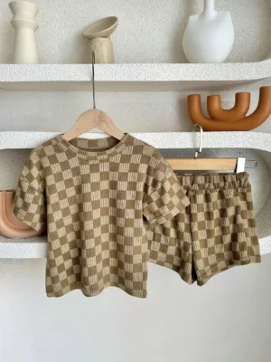 Baby Boy Summer Checker Print Drop Shoulder Short Sleeved Tee And Shorts Loose Set