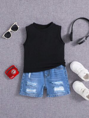 Baby Boy Spring Summer Trendy Solid Tank Top With Ripped Baggy Denim Jeans Shorts Set,Baby Boy Summer Clothes Set Outfits
