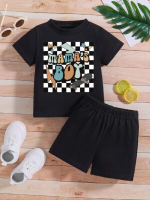 Baby Boys' Casual And Versatile Letter Patterned Comfortable Short Sleeve And Shorts Set For Home