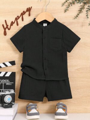 2pcs/Set Baby Boy Round Neck Casual Summer Outfits With Patchwork Pocket Shirt And Shorts