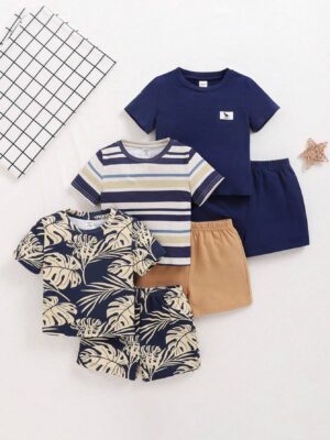 6pcs/Set Baby Boy Casual Vacation Stripe & Leaf Pattern Short Sleeve T-Shirt, Elastic Waist Shorts Outfits