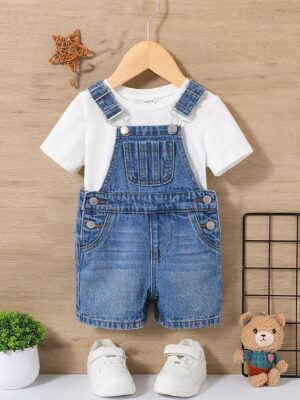 Baby Boy's Cute Casual Patch Pocket Denim Overalls Jumpsuit, For Spring/Summer Outfits,Babys Denim Romper