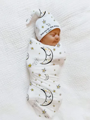 Newborn Baby Boy Star & Moon Print Blanket & Hat Photo Set
