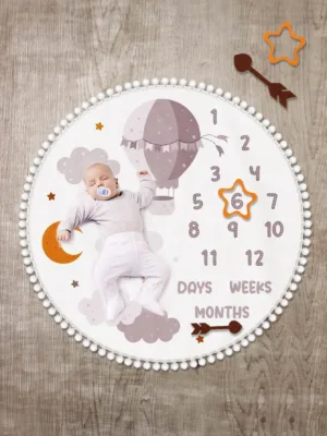 Newborn Baby Boy Photography Cartoon Graphic Pompom Trim Blanket With 2pcs Accessories
