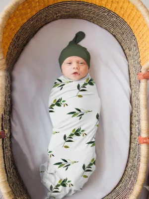 Newborn Baby Boy Plant Print Wrap Blanket & Hat Photo Outfit