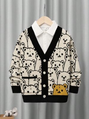 Tween Boy Cartoon Pattern Contrast Binding Button Front Cardigan Without Shirt