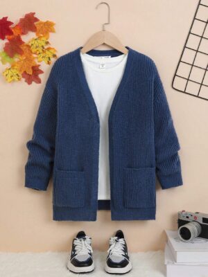 Tween Boys' Loose Fit Cardigan With Dropped Shoulders And Patch Pockets