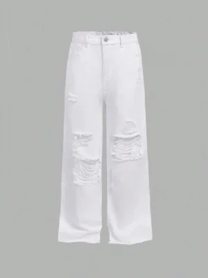 Tween Boys' Cotton Casual Streetwear Ripped Frayed Washed Loose Straight Leg White Denim Jeans, For Spring/Summer