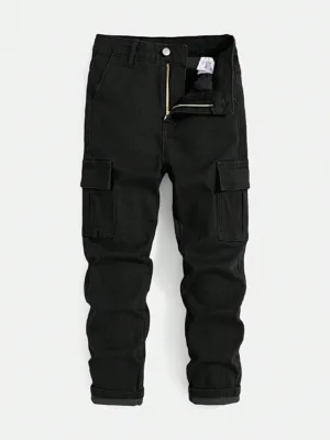 Tween Boy Flap Pocket Workwear Jeans, Cool And Versatile, Suitable For Daily Wear And Travel In Spring And Autumn