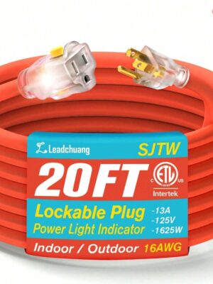Outdoor Extension Cord Waterproof 20FT - Leadchuang Extension Cord 16/3 SJTW 3 Prong Extension Cord, Power Cord Extension Indoor 0utdoor Long Extension Cord With Grounded Plug...