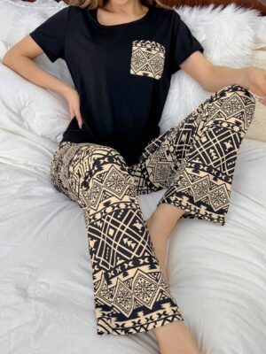 Geometric Printed Short Sleeve Top And Flare Pants Pajama Set