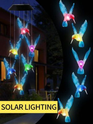 1pc Solar Powered Led Wind Chime & Hummingbird Decoration Light, Waterproof, Color Changing, Outdoor Garden Hanging Light