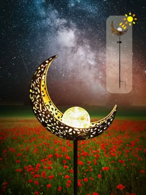 1pc Outdoor Solar Garden Light, Iron Moon Cracked Glass Ball Stake Lamp With Waterproof Warm White Led For Pathway, Lawn, Yard Decorations