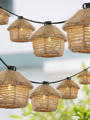 JONATHAN Y Maui 10-Light Indoor/Outdoor 10 Ft. Mid-Century Vintage Incandescent G40 Tiki Hut H'emp Rope Shaded String Lights, JYL8709