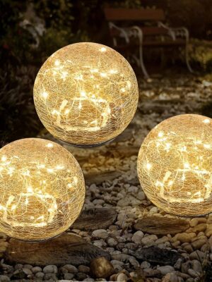 1pc Outdoor Solar Ball Light, Cracked Glass Globe Garden Solar Light, Warm White Waterproof Solar Ground Light, Suitable For Path, Yard, Courtyard, Lawn, Outdoor Decoration
