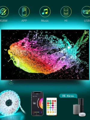 USB TV LED Backlight Work with Alexa, RGBW TV Led Light Strip Music Sync to Color Changing 6500K Bias Lighting,APP Control for HDTV Computer Gaming (Only Supports 2.4 GHz WiFi)