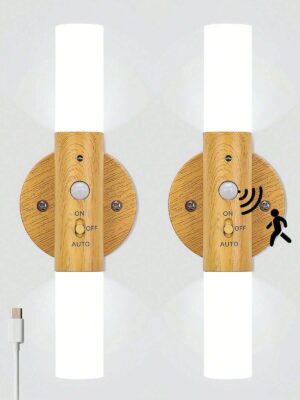 Lightess LED Wall Sconces Rechargeable Wall Lights Set Of 2, Battery Operated Wall Sconce, Motion Sensor Night Lights Magnetic Wooden Wireless Wall Light For Hallway Stairway,...